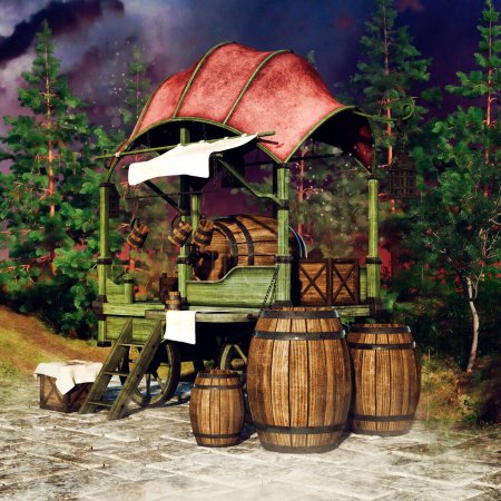 Foto de Puesto medieval de fantasía con barriles de madera de pie junto a un bosque por la noche. Renderizado 3D. - Imagen libre de derechos
