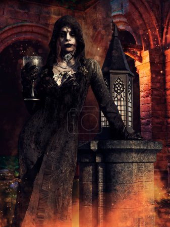 Foto de Escena de horror con una hechicera no muerta sosteniendo una copa con poción mágica, de pie en una antigua capilla por la noche. Renderizado 3D. - Imagen libre de derechos