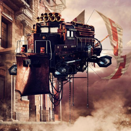 Foto de Escena de fantasía con un barco volador steampunk junto a un hotel retro. Renderizado 3D. - Imagen libre de derechos