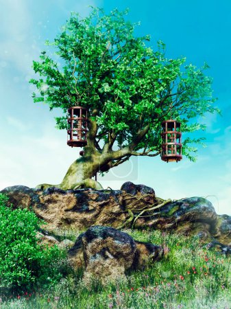 Foto de Viejo árbol en un acantilado con jaulas de hierro oxidadas colgando de sus ramas. Ilustración 3D. - Imagen libre de derechos