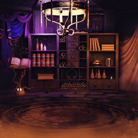 Foto de Habitación de brujo de fantasía con un estante de madera para libros, pergaminos y otros objetos mágicos. Renderizado 3D. - Imagen libre de derechos