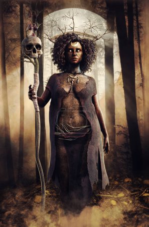 Foto de Escena de fantasía con una hechicera tribal sosteniendo un bastón con un cráneo, de pie en un bosque oscuro por la noche. Renderizado 3D. - Imagen libre de derechos