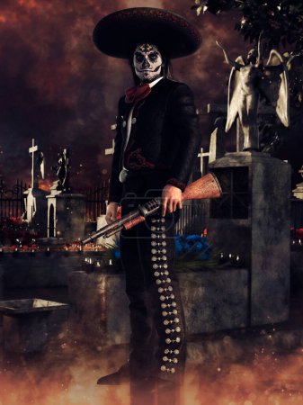 Foto de Escena nocturna con un hombre en el traje del Día Mexicano de los Muertos parado en un cementerio. Renderizado 3D. - Imagen libre de derechos