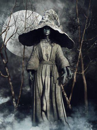 Téléchargez les photos : Scène sombre avec un elfe mort-vivant portant une robe ample et un grand chapeau, debout dans une forêt d'hiver. rendu 3D. - en image libre de droit