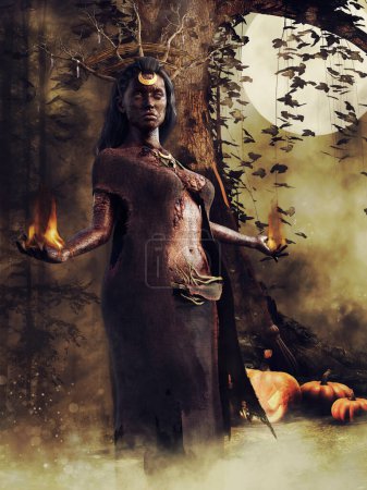 Foto de Escena de fantasía con una vieja bruja sosteniendo llamas en sus manos y de pie junto a un viejo árbol. Renderizado 3D. - Imagen libre de derechos