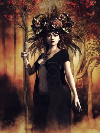 Foto de Escena de fantasía con una hechicera otoñal sosteniendo un bastón de árbol y de pie en un colorido bosque. Renderizado 3D. - Imagen libre de derechos