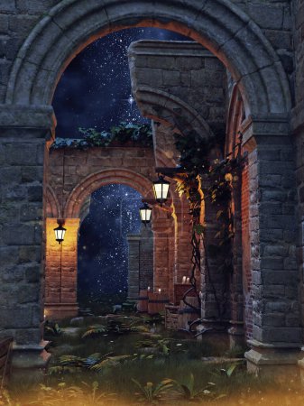 Foto de Escena nocturna con antiguas ruinas góticas con lámparas brillantes y vides verdes en las paredes. Renderizado 3D. - Imagen libre de derechos