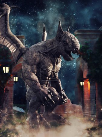 Foto de Escena nocturna con un monstruo gárgola de fantasía con alas en ruinas oscuras. Renderizado 3D. - Imagen libre de derechos