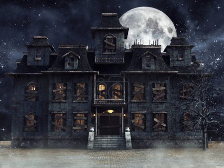 Foto de Antigua casa embrujada en un paisaje brumoso por la noche con el cielo y la luna llena detrás de ella. Renderizado 3D. - Imagen libre de derechos