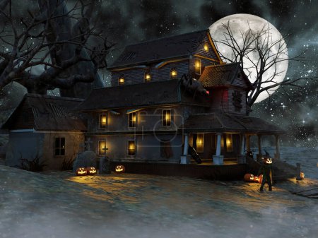 Foto de Escena nocturna con una casa encantada de fantasía con calabazas de halloween y ventanas brillantes. Renderizado 3D. - Imagen libre de derechos