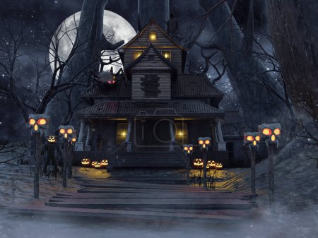 Foto de Fantasía casa encantada con brillantes lámparas de cráneo y un gran árbol por la noche. Renderizado 3D. - Imagen libre de derechos