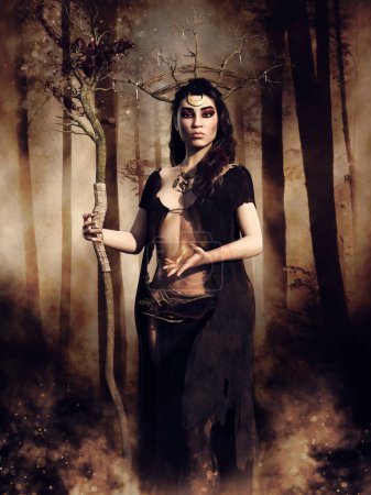 Foto de Escena oscura con una bruja del bosque sosteniendo un bastón de madera y una llama. Imagen representada en DAZ Studio, combinada con elementos pintados en Photoshop. No se utiliza IA. - Imagen libre de derechos