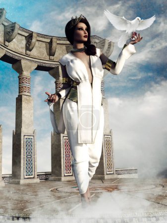 Foto de Escena de fantasía con una mujer vestida con un traje romano antiguo. sosteniendo una paloma blanca. Imagen representada en DAZ Studio, combinada con elementos pintados en Photoshop. No se utiliza IA. - Imagen libre de derechos