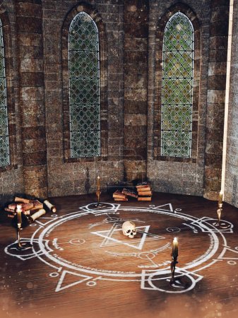 Foto de Fantasía convocando círculo en una cámara ritual, con velas y un cráneo. Imagen representada en DAZ Studio, combinada con elementos pintados en Photoshop. No se utiliza IA. - Imagen libre de derechos