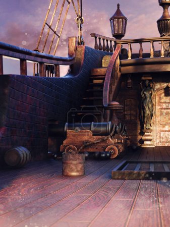 Foto de Escena de fantasía con la cubierta de madera de un viejo barco pirata al atardecer. Imagen representada en DAZ Studio, combinada con elementos pintados en Photoshop. No se utiliza IA. - Imagen libre de derechos