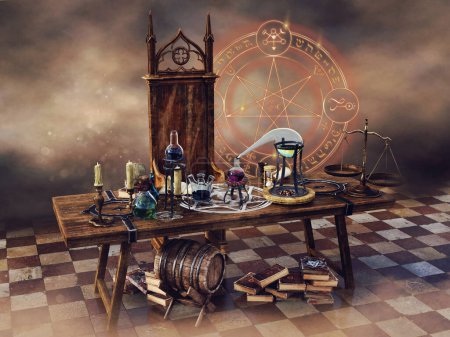Foto de Escena de fantasía con una mesa vieja con pociones alquímicas y libros. Imagen representada en DAZ Studio, combinada con elementos pintados en Photoshop. No se utiliza IA. - Imagen libre de derechos