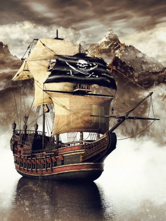Foto de Barco pirata de fantasía con la bandera negra navegando cerca de una isla montañosa. Imagen representada en DAZ Studio, combinada con elementos pintados en Photoshop. No se utiliza IA. - Imagen libre de derechos