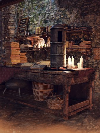 Foto de Sala de fantasía en un antiguo castillo con una mesa con estufa alquímica y libros. Imagen representada en DAZ Studio, combinada con elementos pintados en Photoshop. No se utiliza IA. - Imagen libre de derechos