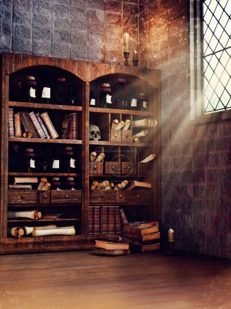 Photo for Fantasy scene with a bookshelf with scrolls, books, potions and magic items. Image rendered in DAZ Studio, combined with painted elements in Photoshop. No AI used. - Royalty Free Image