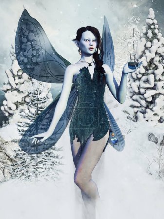 Foto de Fantasía hada de invierno en un paisaje nevado. Hecho de recursos 3d y elementos pintados. No se utiliza IA. - Imagen libre de derechos