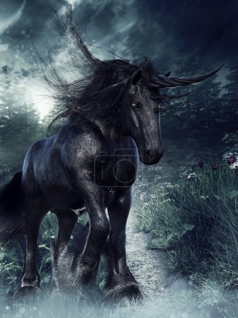 Foto de Escena de fantasía con un unicornio negro caminando por un prado floreciente por la noche. Hecho de recursos 3d y elementos pintados. No se utiliza IA. - Imagen libre de derechos