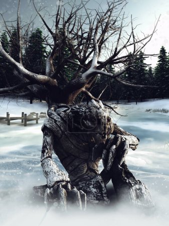 Foto de Escena de invierno con una criatura árbol de fantasía con ramas nevadas, sentado en la nieve. Hecho de recursos 3d y elementos pintados. No se utiliza IA. - Imagen libre de derechos