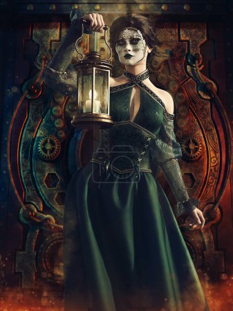 Foto de Fantasía escena steampunk con una mujer enmascarada sosteniendo una lámpara, de pie delante de un reloj vintage. Hecho de recursos 3d y elementos pintados. No se utiliza IA. - Imagen libre de derechos