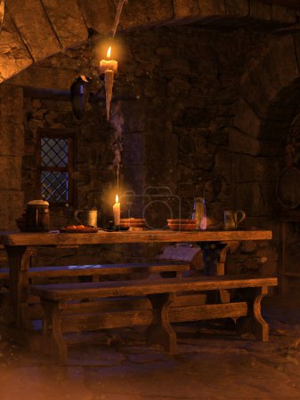 Foto de Mesa de madera y bancos en una taberna medieval de fantasía, con comida y bebida. Hecho de recursos 3d y elementos pintados. No se utiliza IA. - Imagen libre de derechos