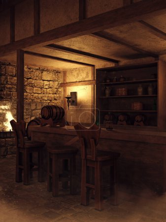 Téléchargez les photos : Comptoir fantastique dans une taverne médiévale avec barils et chaises en bois. Fabriqué à partir de ressources 3D et d'éléments peints. Aucune IA utilisée. - en image libre de droit