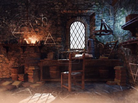 Foto de Sala de alquimista medieval de fantasía, con mesa y silla, libros, símbolos alquímicos y papeles. Hecho de recursos 3d y elementos pintados. No se utiliza IA. - Imagen libre de derechos