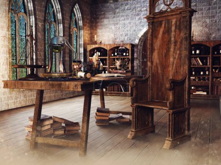 Téléchargez les photos : Chambre fantastique avec une table et une chaise en bois de style médiéval, avec étagères et équipement alchimique. Fabriqué à partir de ressources 3D et d'éléments peints. Aucune IA utilisée. - en image libre de droit