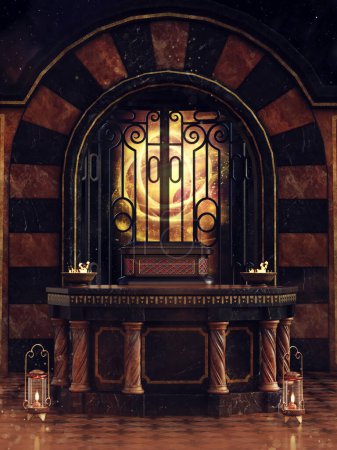 Foto de Escena de fantasía con un templo steampunk con altar, quemadores de fuego y lámparas. Hecho de elementos 3D y piezas pintadas. No se utiliza IA. - Imagen libre de derechos