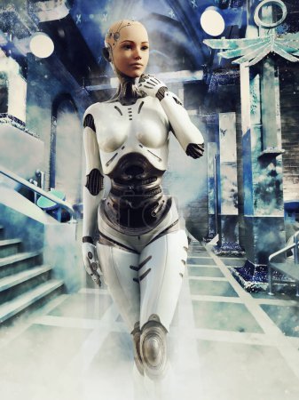 Foto de Escena de ciencia ficción con una chica robot caminando por un pasillo o un edificio futurista. Hecho de elementos 3D y piezas pintadas. No se utiliza IA. - Imagen libre de derechos