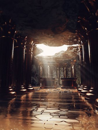 Foto de Escena de fantasía con una cueva oscura sosteniendo un templo con altares y columnas de piedra. Hecho de elementos 3D y piezas pintadas. No se utiliza IA. - Imagen libre de derechos