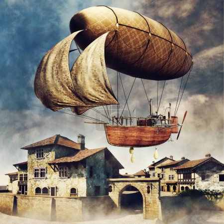 Foto de Escena de fantasía con un barco volador sobre edificios en una ciudad medieval. Hecho de elementos 3D y piezas pintadas. No se utiliza IA. - Imagen libre de derechos