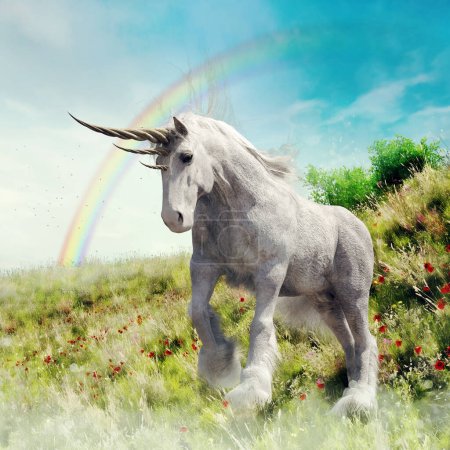 Foto de Escena de fantasía con un unicornio blanco de pie en un prado con un arco iris en el fondo. Hecho de elementos 3D y piezas pintadas. No se utiliza IA. - Imagen libre de derechos