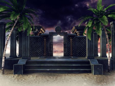 Foto de Escena de fantasía con ruinas de un templo oscuro rodeado de palmeras. Hecho de elementos 3D y piezas pintadas. No se utiliza IA. - Imagen libre de derechos