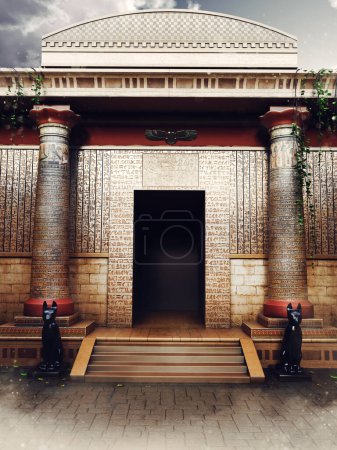 Foto de Escena de fantasía con la entrada a un antiguo templo egipcio, con columnas y estatuas de Bast. Hecho de elementos 3D y piezas pintadas. No se utiliza IA. - Imagen libre de derechos