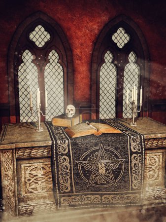 Foto de Altar oscuro con libros de hechizos, un cráneo, una daga y candelabros. Hecho de elementos 3D y piezas pintadas. No se utiliza IA. - Imagen libre de derechos