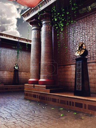 Foto de Escena de fantasía con una pared de un antiguo templo egipcio, con jeroglíficos y la estatua de un faraón. Hecho de elementos 3D y piezas pintadas. No se utiliza IA. - Imagen libre de derechos