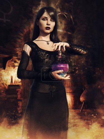 Foto de Escena de fantasía con una joven hechicera sosteniendo una botella con poción mágica en sus manos. Hecho de elementos 3D y piezas pintadas. No se utiliza IA. - Imagen libre de derechos
