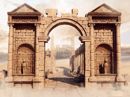 Foto de Escena de fantasía que muestra restos de un antiguo templo egipcio ubicado en el desierto. Hecho de elementos 3D y piezas pintadas. No se utiliza IA. - Imagen libre de derechos
