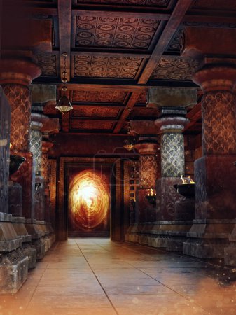 Foto de Escena de fantasía con un pasillo oscuro con columnas y quemadores que conducen a un portal mágico. Hecho de elementos 3D y piezas pintadas. No se utiliza IA. - Imagen libre de derechos