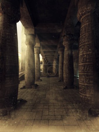Téléchargez les photos : Couloir fantastique dans un ancien temple égyptien avec colonnes et hiéroglyphes. Fabriqué à partir d'éléments 3D et de pièces peintes. Aucune IA utilisée. - en image libre de droit