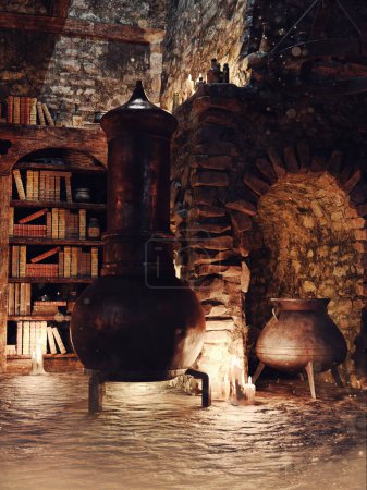Foto de Escena de fantasía que muestra una estufa alquímica medieval, un caldero, velas y libros antiguos. Hecho de elementos 3D y piezas pintadas. No se utiliza IA. - Imagen libre de derechos