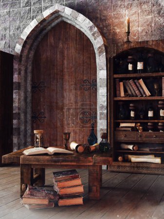 Foto de Escena de fantasía que muestra una sala de estudio medieval con puerta ornamentada, estantería con libros y una mesa con pergaminos. Hecho de elementos 3D y piezas pintadas. No se utiliza IA. - Imagen libre de derechos