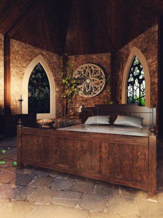Foto de Escena de fantasía que muestra un dormitorio medieval con ventanas elegantes, hiedra verde y velas. Hecho de elementos 3D y piezas pintadas. No se utiliza IA. - Imagen libre de derechos