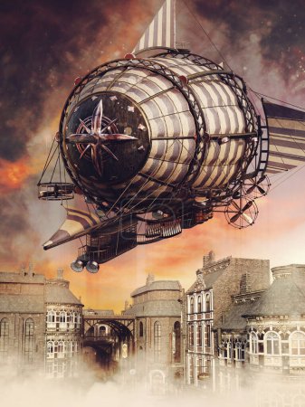 Foto de Escena de fantasía con un zepelín steampunk volando sobre una ciudad al atardecer. Hecho de elementos 3D y piezas pintadas. No se utiliza IA. - Imagen libre de derechos