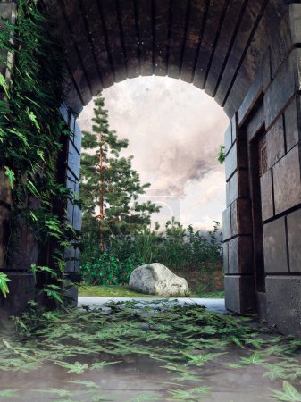 Foto de Escena de fantasía con una puerta de jardín que conduce a un paisaje de primavera verde con árboles. Hecho de elementos 3D y piezas pintadas. No se utiliza IA. - Imagen libre de derechos