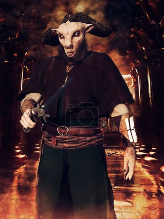 Foto de Escena de fantasía con un hombre con una cabeza de cabra sosteniendo una daga y de pie en un templo oscuro. Hecho de elementos 3D y piezas pintadas. No se utiliza IA. - Imagen libre de derechos